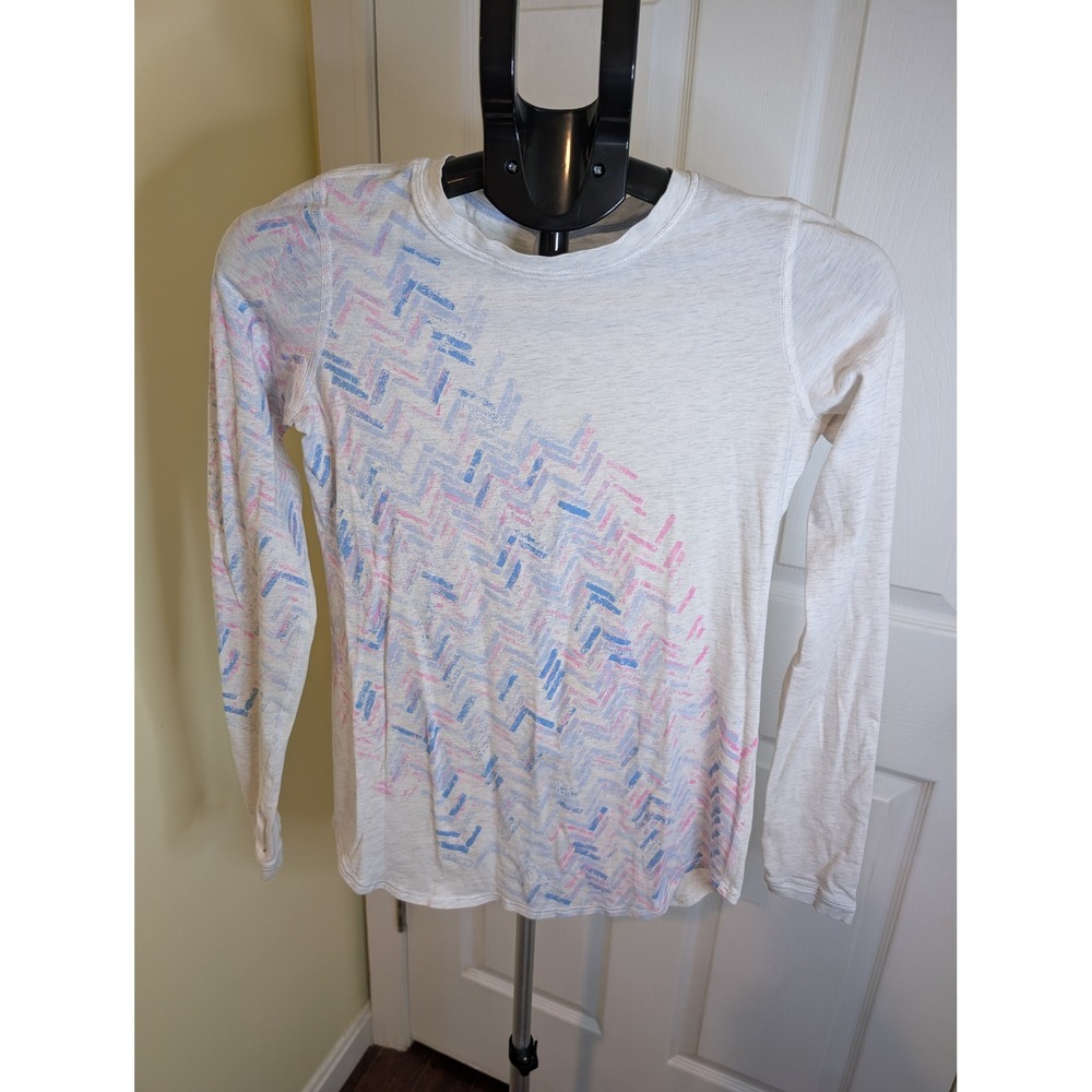 Ivivva Long Sleeve Shirt Girls 14 White Pink Blue Chevron‎ Thumbhole Pima Cotton